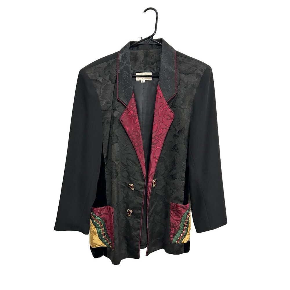 Vintage Caché Womens Black Blazer Embroidered Buttons Velvet Accents